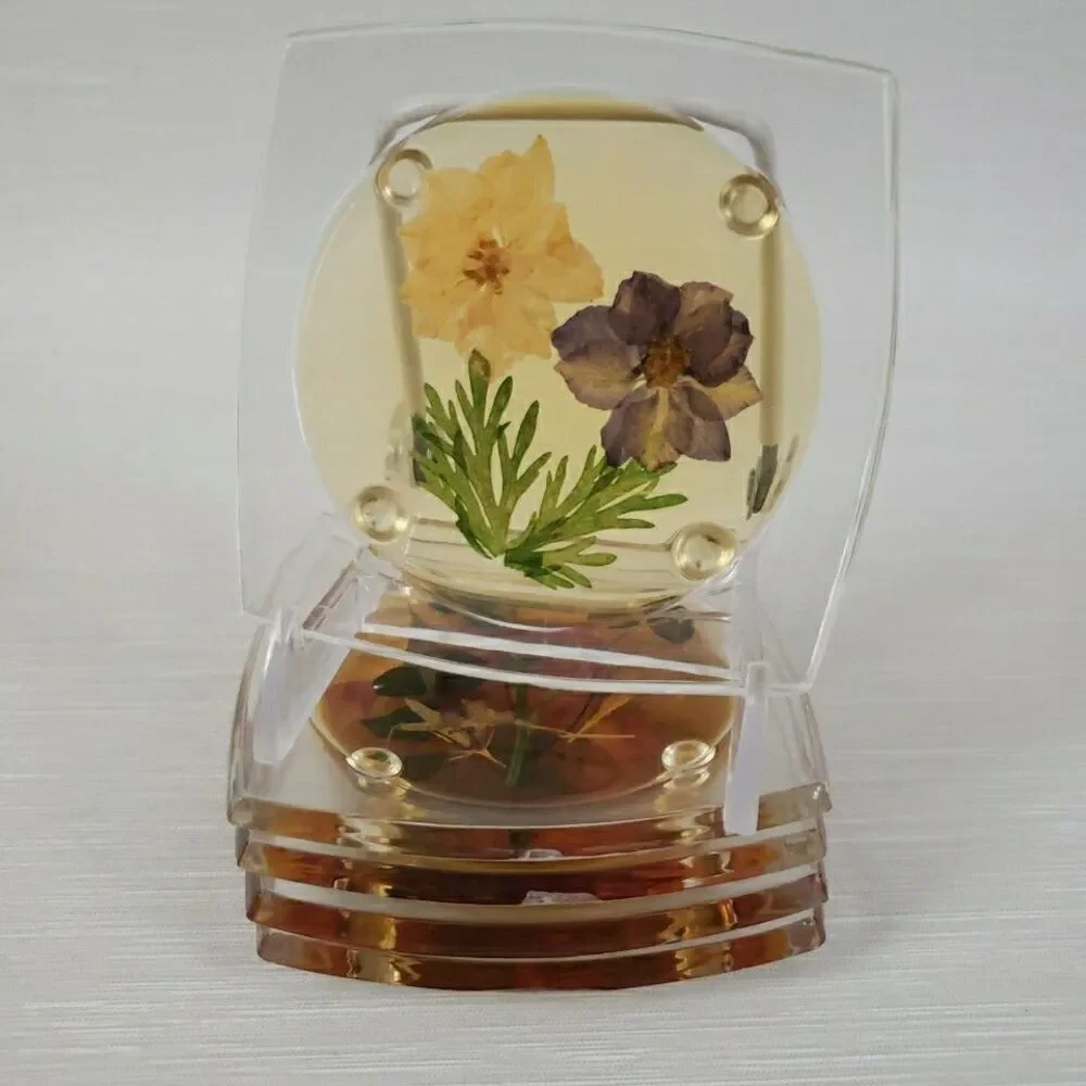VTG 5 Clear Lucite Acrylic Coasters Pressed Flowers Clover Romantic Cottage MCM